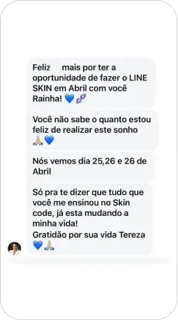 Print de mensagem de aluna das formações Skin Code e Line Skin