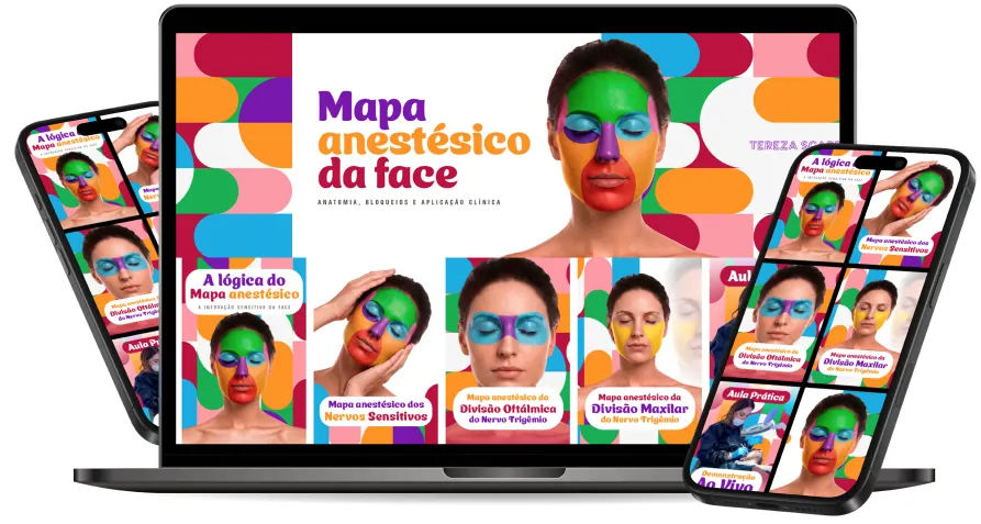 O curso Mapa Anestésico da Face no notebook e no celular, com as capas dos módulos